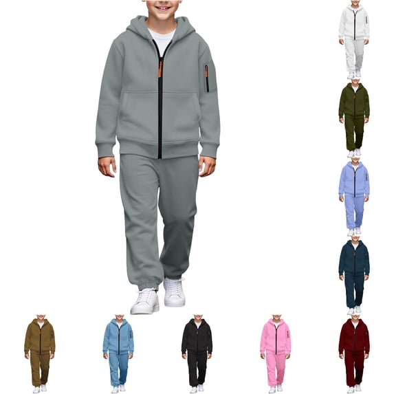 oqasdz Teen Boys 2 Piece Solid Color Sweat Suit Zip Up Hoodie Jacket and Loose Fit Jogger Pants Lightweight Kids Daily Streetwear Clothes Sets,Grey,Size 8 Y-9 Y