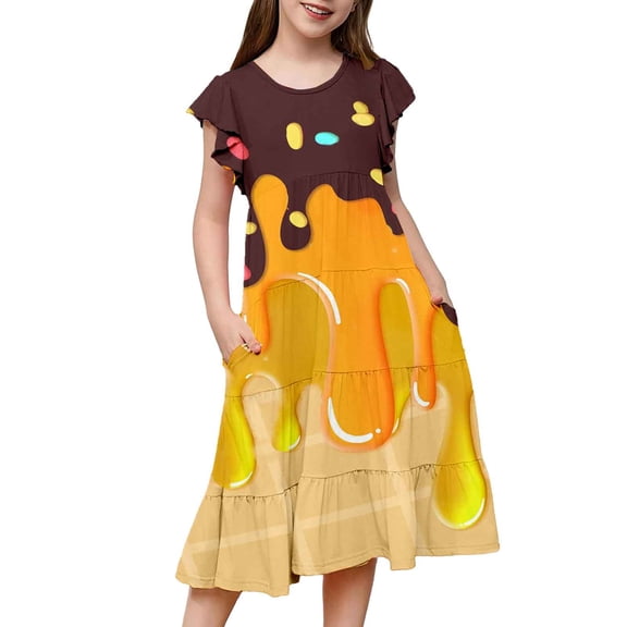 oqasdz Teen Girls Dress Fly Sleeve Ice Cream Prints Summer Holiday Kids Child Dance Party Gown Princess Dress Size 6 Y-7 Y