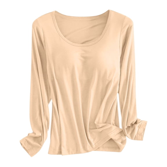 oqasdz Thermal Underwear for Women Built In Bra T Shirt for Padded Long Sleeve Tops Blouses Loose Cozy Soft Pajama Casual Home Versatile Thermal Shirt
