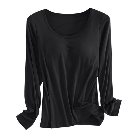 oqasdz Thermal Underwear for Women Built In Bra T Shirt for Padded Long Sleeve Tops Blouses Loose Cozy Soft Pajama Casual Home Versatile Thermal Shirt