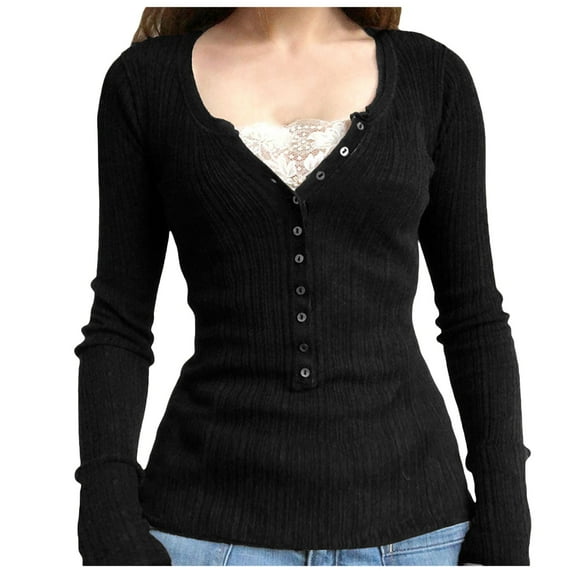 oqasdz Thermal Underwear for Women Long Sleeve Tops V Neck Casual Ribbed Knitted Solid Color Loose T Shirt Button Shirts Slim Fit Outdoor Daily Wear