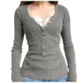 thumbnail image 1 of oqasdz Thermal Underwear for Women Long Sleeve Tops V Neck Casual Ribbed Knitted Solid Color Loose T Shirt Button Shirts Slim Fit Outdoor Daily Wear, 1 of 4