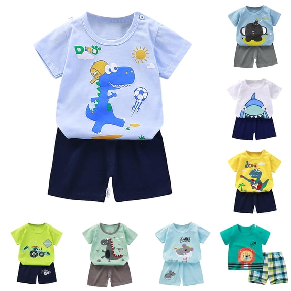 oqasdz Toddler Baby Boy Clothes Short Sleeve Cartoon Prints T Shirts Top and Shorts Formal Kids 2 Piece Summer Loose Fit Daily Play Clothes Sets,Light Blue,Size 3 M-6 M
