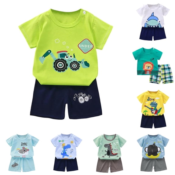 oqasdz Toddler Baby Boy Clothes Short Sleeve Cartoon Prints T Shirts Top and Shorts Formal Kids 2 Piece Summer Loose Fit Daily Play Clothes Sets,Light Green,Size 5 Y-6 Y