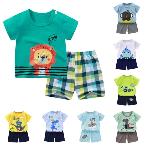 oqasdz Toddler Baby Boy Clothes Short Sleeve Cartoon Prints T Shirts Top and Shorts Formal Kids 2 Piece Summer Loose Fit Daily Play Clothing Set,Dark Green,Size 6 M-12 M