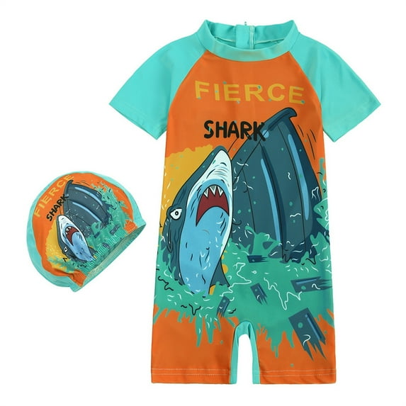oqasdz Toddler Boy Swimsuit Kids Dinosaur Printed 1PC Zipper Swimwear with Hat Rash Guard Surfing Swim Suits Size 5 Y-6 Y