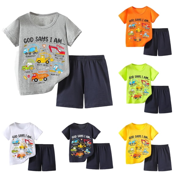 oqasdz Toddler Boys Construction Truck Outfit Set Cartoon Short Sleeve Tee and Shorts Breathable Mesh Kids Summer Casual Play Clothes Sets,Grey,Size 5 Y-6 Y