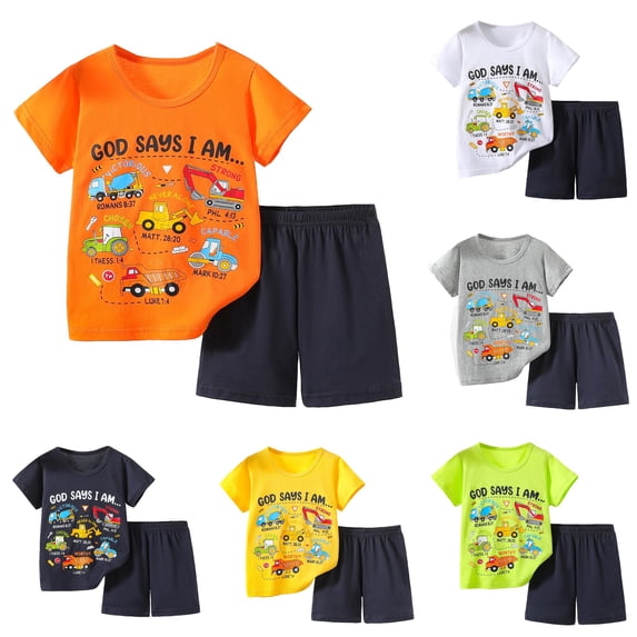 oqasdz Toddler Boys Construction Truck Outfit Set Cartoon Short Sleeve Tee and Shorts Breathable Mesh Kids Summer Casual Play Clothes Sets,Orange,Size 3 Y-4 Y