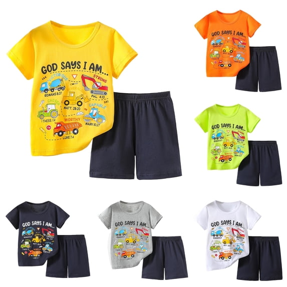 oqasdz Toddler Boys Construction Truck Outfit Set Cartoon Short Sleeve Tee and Shorts Breathable Mesh Kids Summer Casual Play Clothing Set,Yellow,Size 4 Y-5 Y
