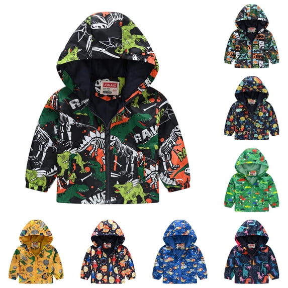 oqasdz Toddler Boys Hooded Zip Up Jacket Dinosaur Printing Cartoon Zipper Long Sleeve Windproof Outerwear Coat Casual Daily Wear