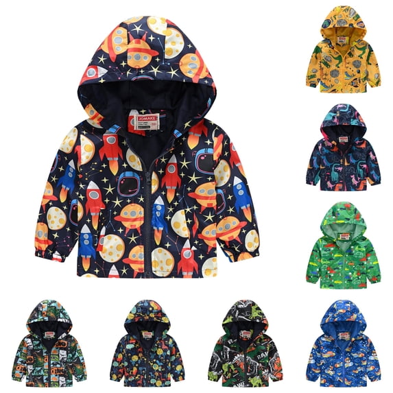 oqasdz Toddler Boys Hooded Zip Up Jacket Dinosaur Printing Cartoon Zipper Long Sleeve Windproof Outerwear Coat Casual Daily Wear