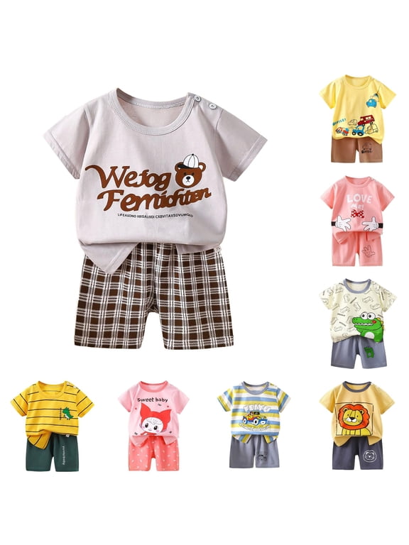 Toddler Boys Summer Outfits Short Sleeve Crew Neck Cartoon Prints Tops and Shorts 2 Piece Playwear Formal Children Cute Clothes Sets,Brown,Size 4 Y-5 Y