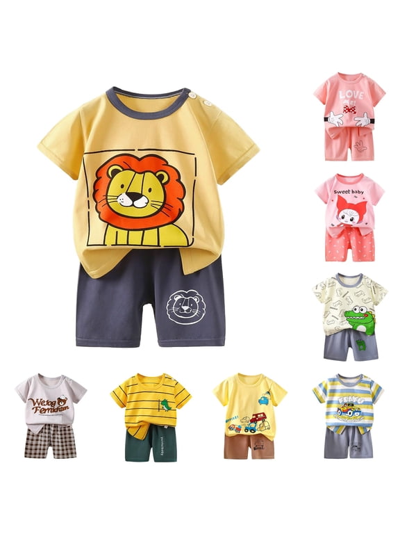Toddler Boys Summer Outfits Short Sleeve Crew Neck Cartoon Prints Tops and Shorts 2 Piece Playwear Formal Children Cute Clothes Sets,Yellow,Size 3 M-6 M