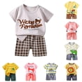 thumbnail image 1 of oqasdz Toddler Boys Summer Outfits Short Sleeve Crew Neck Cartoon Prints Tops and Shorts 2 Piece Playwear Formal Children Cute Clothing Set,Brown,Size 12 M-18 M, 1 of 4