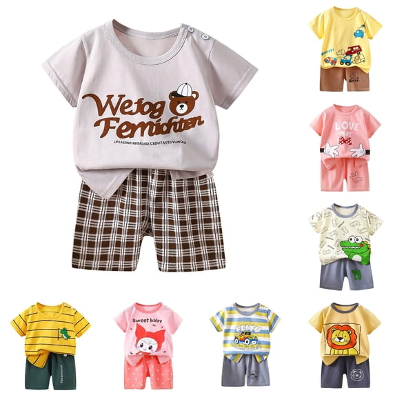 oqasdz Toddler Boys Summer Outfits Short Sleeve Crew Neck Cartoon Prints Tops and Shorts 2 Piece Playwear Formal Children Cute Clothing Set,Brown,Size 12 M-18 M