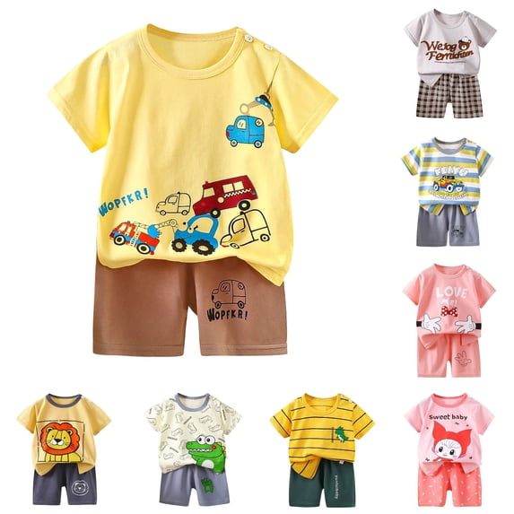 oqasdz Toddler Boys Summer Outfits Short Sleeve Crew Neck Cartoon Prints Tops and Shorts 2 Piece Playwear Formal Children Cute Clothing Set,Light Yellow,Size 18 M-24 M