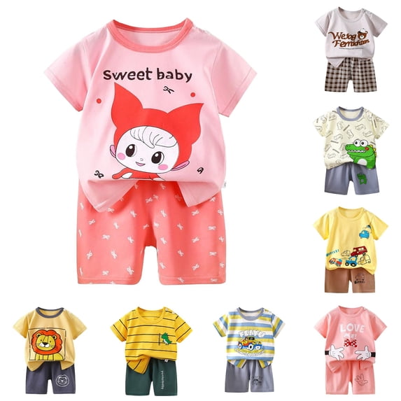 oqasdz Toddler Boys Summer Outfits Short Sleeve Crew Neck Cartoon Prints Tops and Shorts 2 Piece Playwear Formal Children Cute Clothing Set,Pink,Size 12 M-18 M