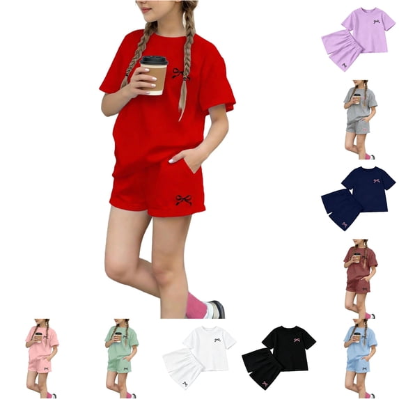 oqasdz Toddler Children Girls Summer Outfits Bow Print Short Sleeve Loose Fit Workout Set T Shirts and Shorts for Gym Running Casual Sporty Clothing Sets,Red,9-10 Years