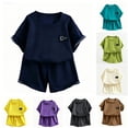 thumbnail image 1 of oqasdz Toddler Children Girls Summer Outfits Knit Short Sleeve Letter Print Crew Neck Tee Top and Shorts Set Loose Breathable Casual Outdoor Clothing Sets,Navy,11-12 Years, 1 of 3