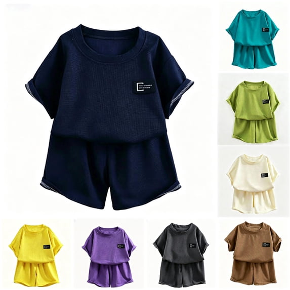 oqasdz Toddler Children Girls Summer Outfits Knit Short Sleeve Letter Print Crew Neck Tee Top and Shorts Set Loose Breathable Casual Outdoor Clothing Sets,Navy,11-12 Years