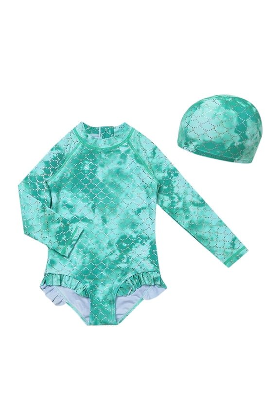 Toddler Girl Swimsuit Scale Long Sleeve Rash Guard Sun Protection Quick Drying Adorable Swimwear Size 3 Y-4 Y