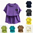 thumbnail image 1 of oqasdz Toddler Kids Girls Summer Outfits Knit Short Sleeve Letter Print Crew Neck Tee Top and Shorts Set Loose Breathable Casual Outdoor Fashion Clothes,Purple,9-10 Years, 1 of 3