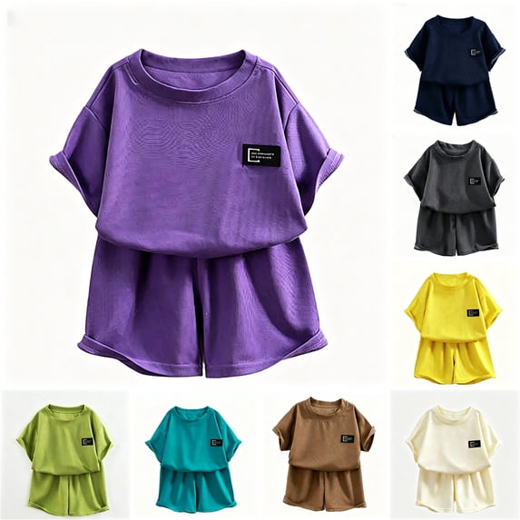 oqasdz Toddler Kids Girls Summer Outfits Knit Short Sleeve Letter Print Crew Neck Tee Top and Shorts Set Loose Breathable Casual Outdoor Fashion Clothes,Purple,9-10 Years
