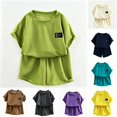 thumbnail image 1 of oqasdz Toddler Kids Girls Summer Outfits Knit Short Sleeve Letter Print Crew Neck Tee Top and Shorts Set Loose Breathable Casual Outdoor Fashion Clothes,Green,4-5 Years, 1 of 3