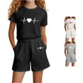 thumbnail image 1 of oqasdz Toddler Kids Girls Summer Outfits Short Sleeve Cotton Graphic Elastic Waist Breathable Shorts Set for Gym Running Casual Outdoor Clothes Sets,Black,9-10 Years, 1 of 4