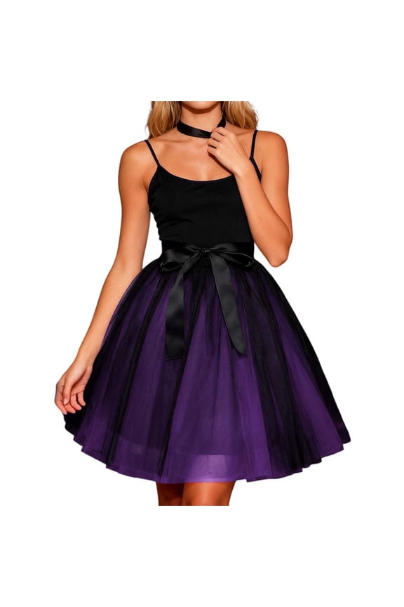 Two Tone Color Patchwork Pleated Skirt with Layered Mesh Overlay High Waist Streetwear Party Evening Fashion Skirts for Women