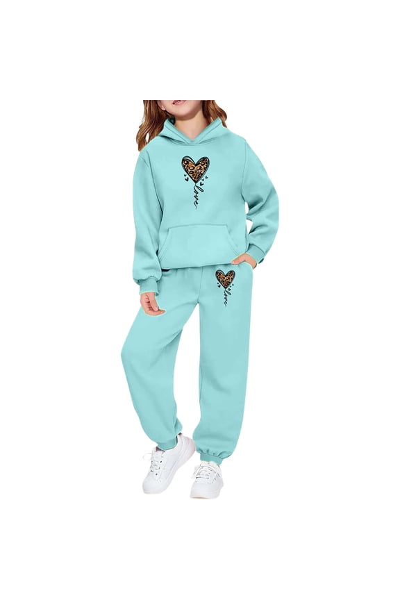 Valentine's Day Girls Sweatsuit Hooded Leopard Heart Print Sweatshirts and Joggers Pants Outfit With Front Pockets For Casual Sports Wear Tracksuit
