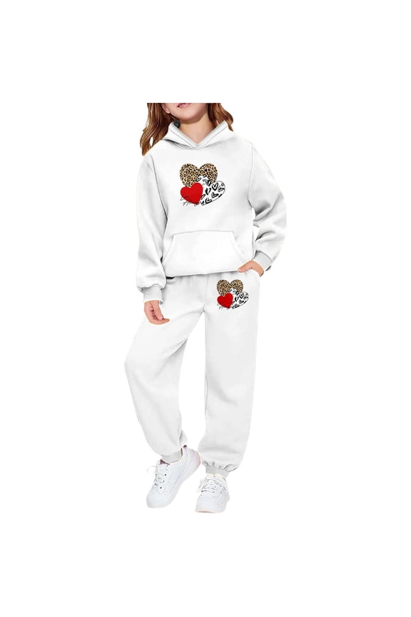 Valentine's Day Girls Sweatsuit Hooded Tracksuit With Leopard Print And Heart Design Joggers Pants Outfit For Toddler And Kids Casual Sports Wear