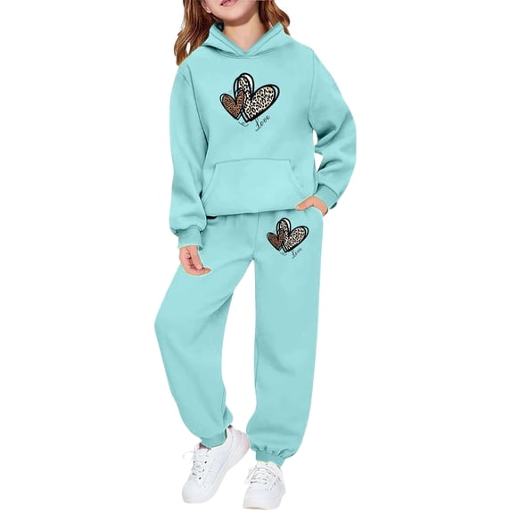 oqasdz Valentine's Day Girls Sweatsuit Leopard Heart Print Long Sleeve Hooded Sweatshirt And Jogger Pants For Toddler And Kids Sports Athletic Sweat Suit