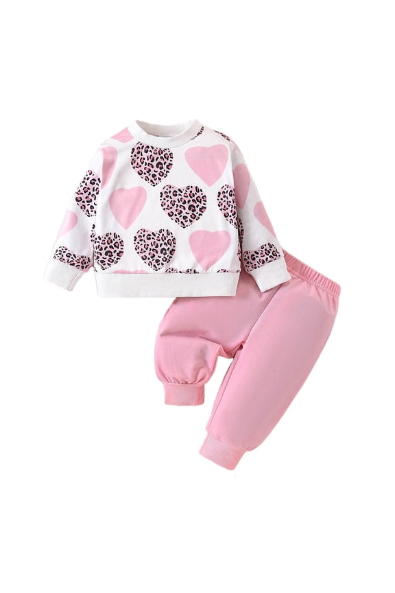 oqasdz Valentine's Day Leopard Print Heart Pattern Girls Long Sleeve Hoodie and Jogger Pants 2 Piece Cute Casual Tracksuit for Toddler and Kids