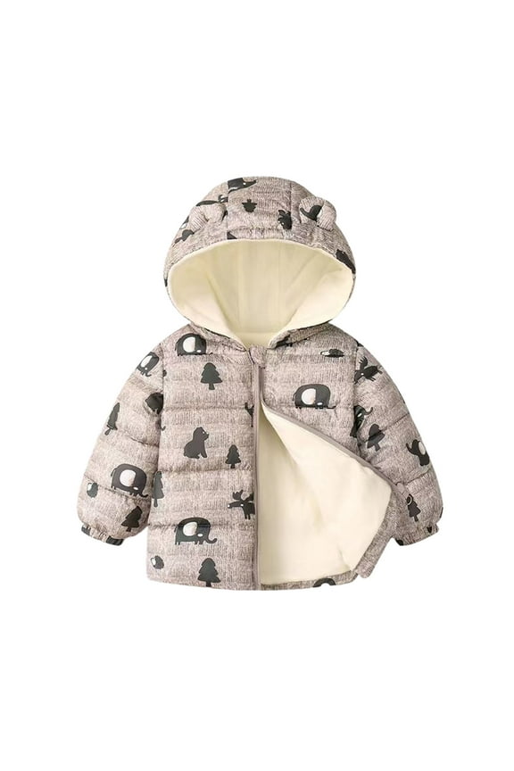 Winter Girls Coat with Cute Animal Go Kart Print Thickened Warm Lined Jacket for and Kids Outerwear Long Sleeve Casual Versatile Daily Wear