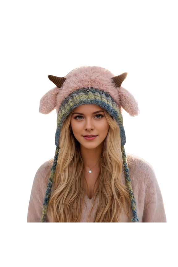 Winter Hat with Baatable Ear Soft Lined for Cozy Cap with Adorable Sheep Horns Cold Weather Outdoor Comfortable Winter Hat