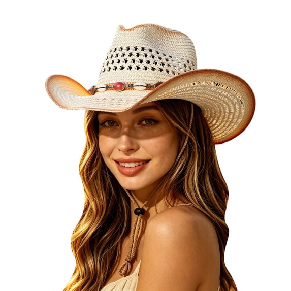 oqasdz Women Cowboy Hat Hollow Design Woven Straw Stone Band Decor Wide Curved Brim Breathable Beach Outdoor Daily Retro Hat