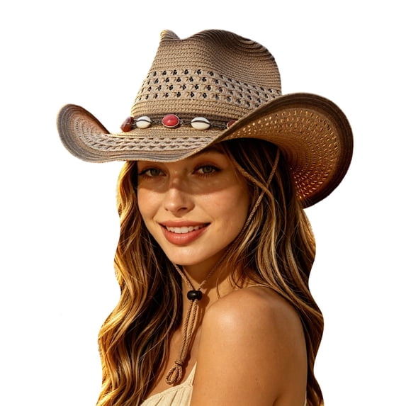 oqasdz Women Cowboy Hat Hollow Design Woven Straw Stone Band Decor Wide Curved Brim Breathable Beach Outdoor Daily Retro Hat