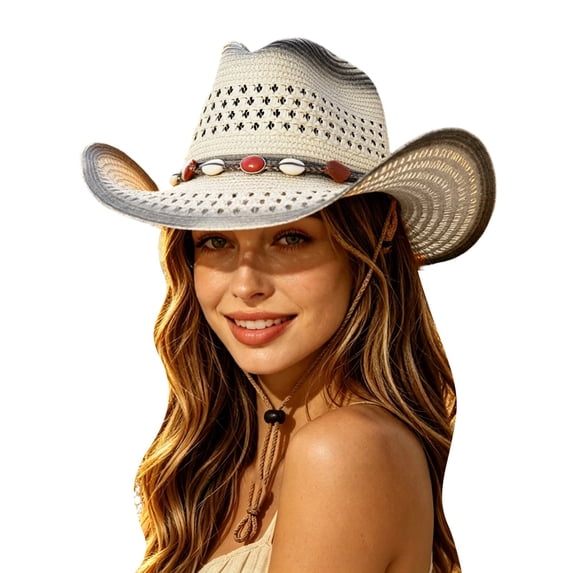 oqasdz Women Cowboy Hat Hollow Design Woven Straw Stone Band Decor Wide Curved Brim Breathable Beach Outdoor Daily Retro Hat