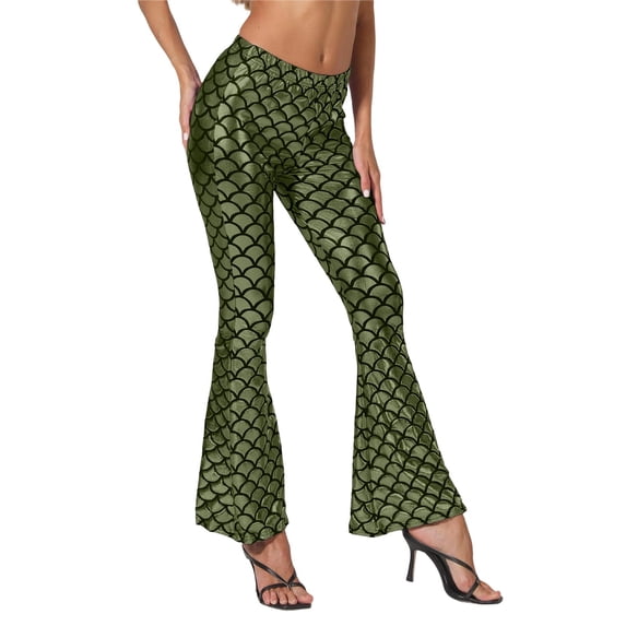 oqasdz Women Flared Leg Pants Sequined Scale Design Casual Trousers Slim Fit Comfortable Elastic Waistband Stretch Streetwear