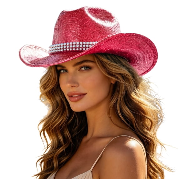 oqasdz Women Glitter Cowboy Hat Wide Curved Brim Multi‑Layer Rhinestone Band Decor Fashion Hat for Party Dress‑Up Headwear