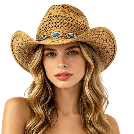 oqasdz Women Hollow Woven Straw Cowboy Hat Wide Curved Brim Chain Band Decor Breathable Sun Hat for Outdoor Ladies Fashion Headwear