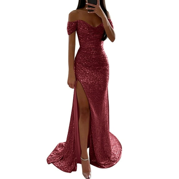 oqasdz Women Prom Dress Party Dress Sequin Dress Maxi Dress Short Sleeve Solid Color Fall Off Shoulder Fashion Winter Dress Wedding Guest Evening Party Dress Fashionable Female Dailywear