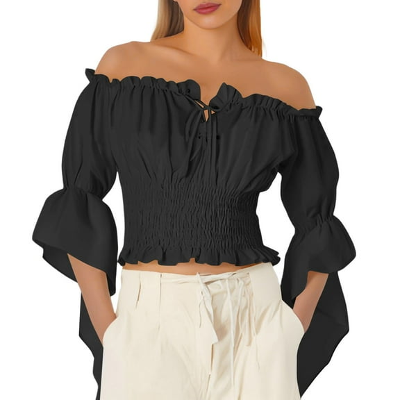 oqasdz Women Off Shoulder Blouse Elegant One Shoulder Tops With Flounce Sleeves For Summer Casual Wear Traditional Festival Halloween Pumpkin Ghost Party Classic Female Dailywear