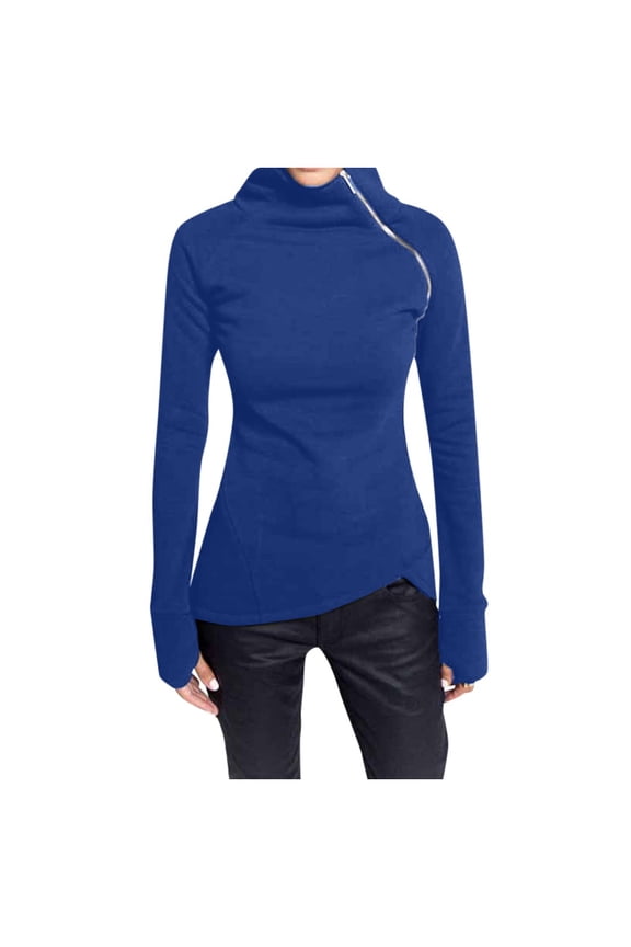 Women Solid Color Long Sleeve Pullover Turtleneck Zipper Regular Fit Comfort Classic Blouse Top Stretch Soft Summer Dailywear