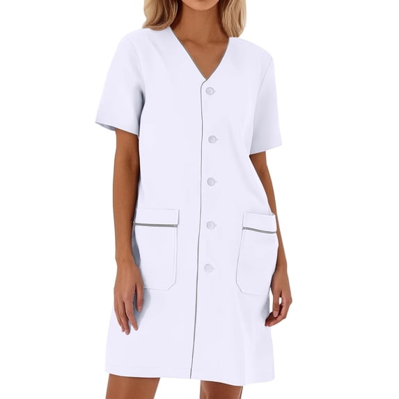 oqasdz Women Solid Color Loose Short Sleeved White Lab Coats Jackets V-Neck Button Tops Boho Female Dailywear