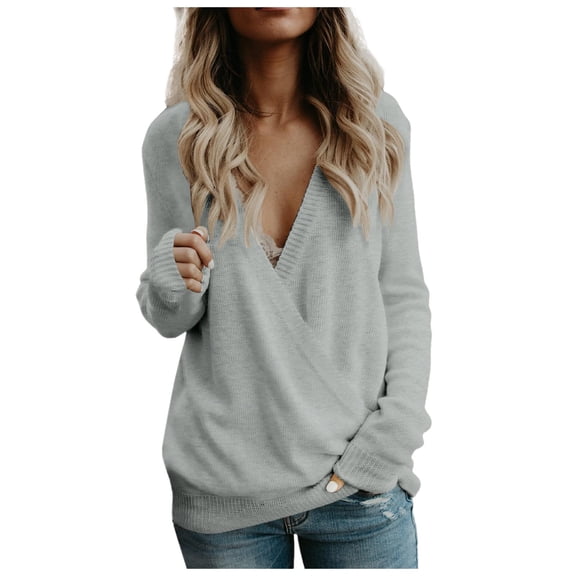 oqasdz Women Sweaters Deep V Neck Wrap Sweaters Long Sleeve Front Knitted Pullover Fall Winter Tops Outdoor Fashion Casual Relaxed Fit