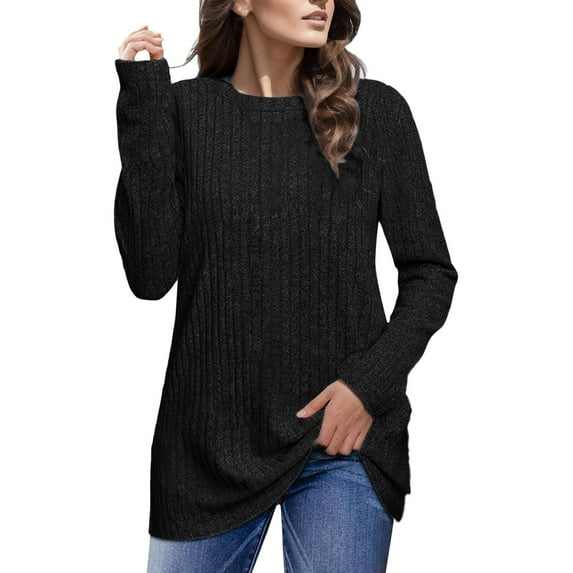 oqasdz Women Sweaters Fall and Winter Plus Size Round Neck Long Sleeve Warm Brushed Strip Solid Color Top Casual Loose Fit