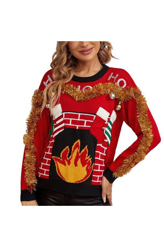 Women Sweaters Fashion Christmas Gold Thread Lace Red Pullover Cartoon Embroidered Knitted Sweaters Casual Versatile