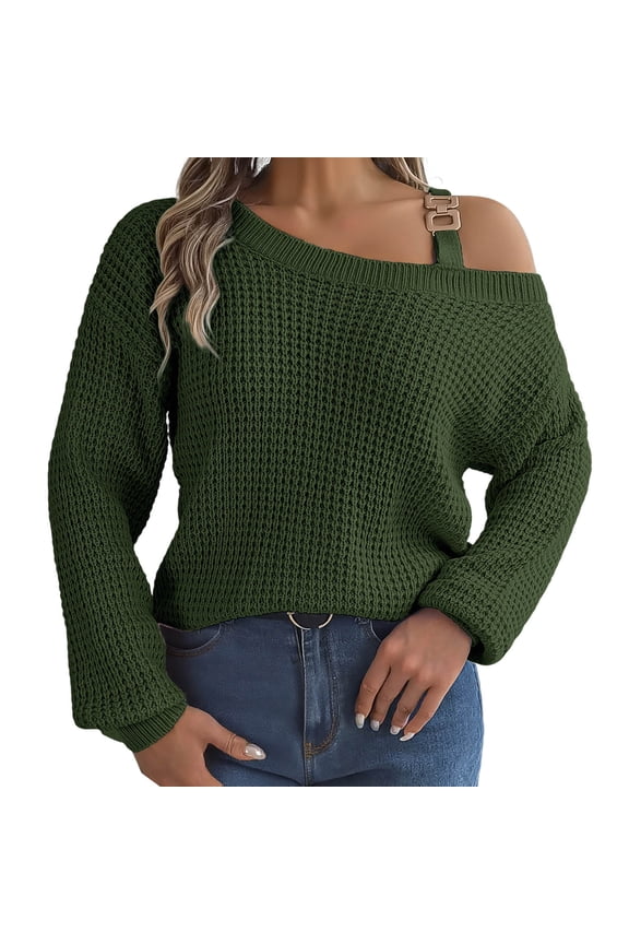 Women Sweaters Fashion Metal Buckle Strap Cold Shoulder Long Sleeves Knit Sweaters Pullover Tops Outdoor Casual Versatile